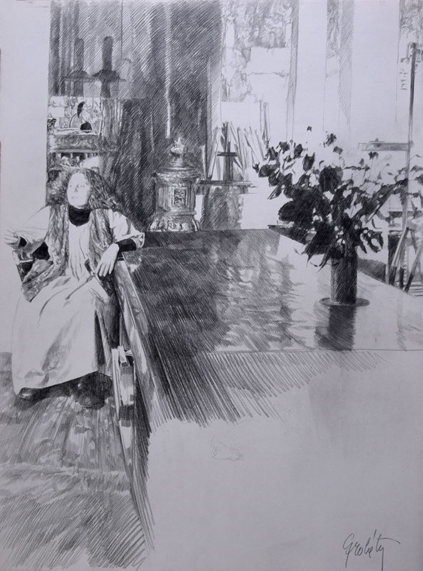 images humainquantique dessin 10 Intuition et Concept Robe blanche, fourrure table, bouquet séché non daté 1978 fusain 76 x 56 DSC_3652aa La Raison décortiquée, une vision quantique de l'humain par Lucie Grobéty