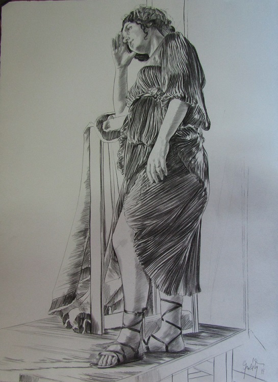 C 11 dessin 20 Intuition et Concept 77 Grande robe violette, accoudé sur stèle 76 x 56 pierre noire IMG 0652