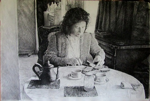 C gris Dessin 21 Intuition et Concept 84 Gilet laine rose, théière, marmelade 73 x 108 fusain IMG 0447 La Raison décortiquée, une vision quantique de l'humain par Lucie Grobéty