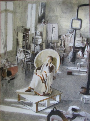 C2 image 17 Intuition et Concept 77 Assis estrade peplos, cloche au fond fusain, rehauts lavis 76 x 56 IMG_0963 Intuition et Concept - dessin 1